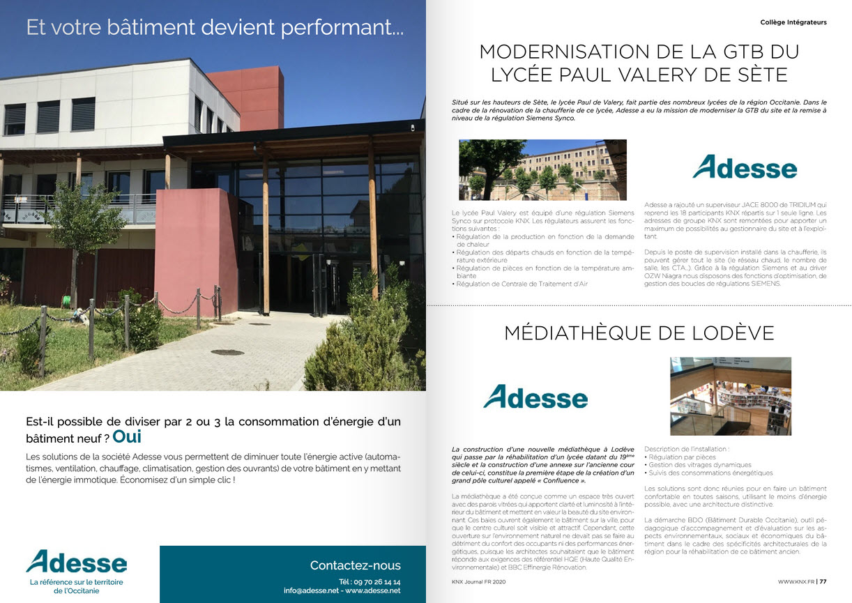 Double page pour Adesse dans la dernière parution du journal KNX France